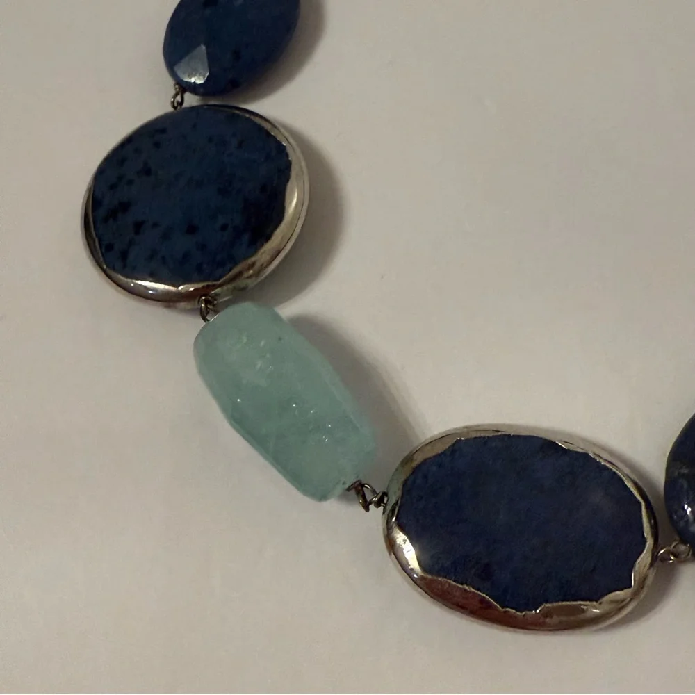NECKLACE DUMORTIERITE BLUE & GREEN QUARTZ CHUNKY STATEMENT STERLING SILVER 925